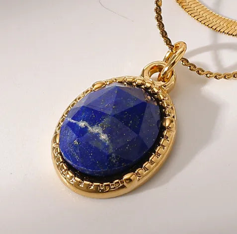 Colier dublu din oțel placat cu aur cu piatră albastră-NE015