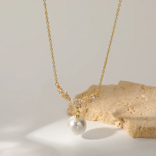 Κολιέ επιχρυσωμένο ατσάλι με λουλούδι και πέρλες-NE444