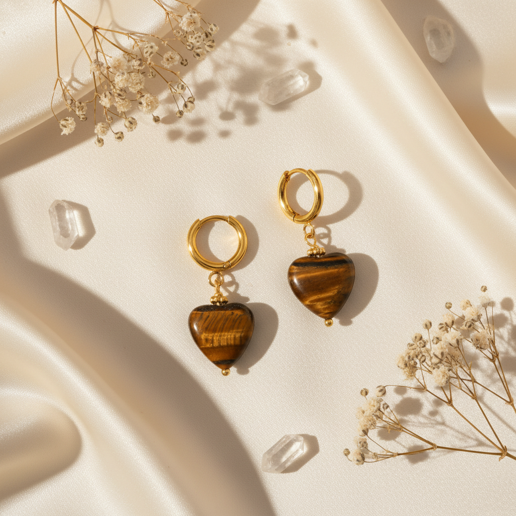 Σκουλαρίκια επιχρυσωμένο ατσάλι με καφέ πέτρα καρδιά-EA401