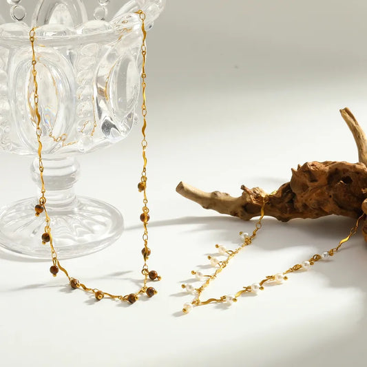 Colier din otel placat cu aur cu margele maro-NE468