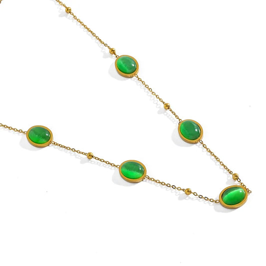 Colier din otel placat cu aur cu pietre ovale verzi-NE377