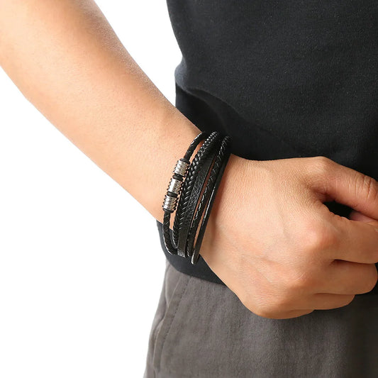 Brățară neagră pentru bărbați cu mai multe rânduri-BR225
