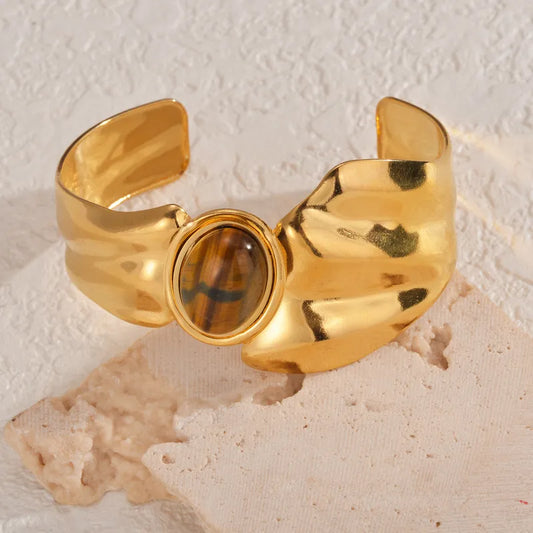 Βραχιόλι επιχρυσωμένο ατσάλι με καφέ πέτρα-BR099