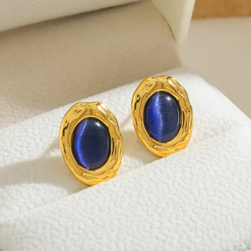 Cercei aurii otel albastru oval-EA205