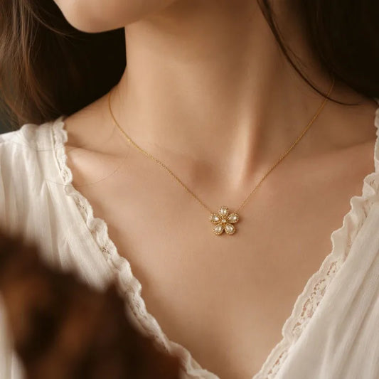 Steel necklace with flower and zircon - NE048