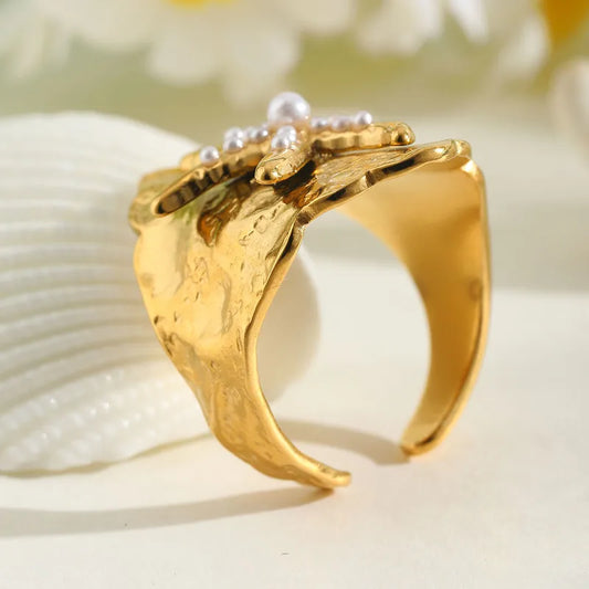 Ring Gold Plated Steel with Starfish and Perlits-