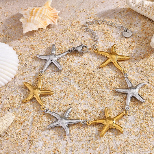 Βραχιόλι ατσάλινο με αστερίες χρυσούς και ασημί - BR407