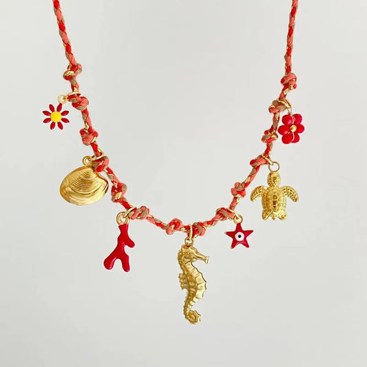 Colier din oțel placat cu aur roșu cu simboluri de vară-