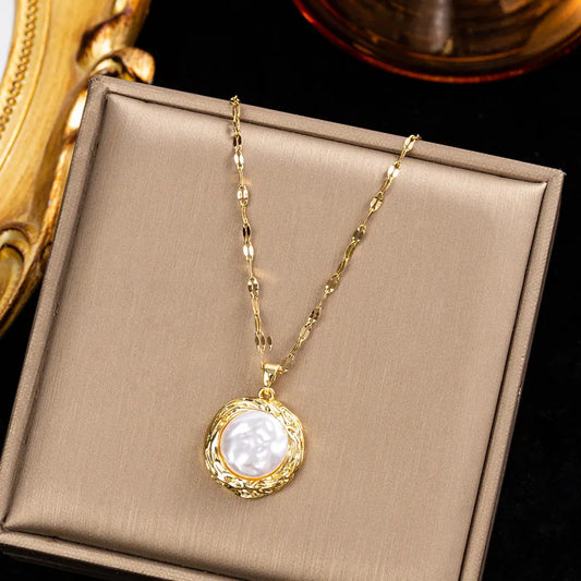 Collier en acier et boucles d'oreilles en or avec perle - set066