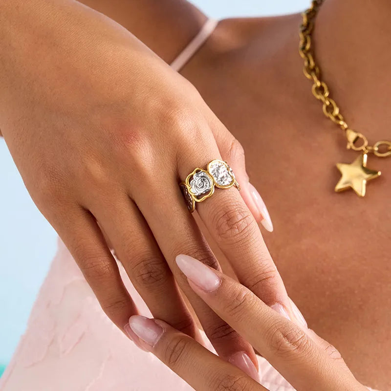 Inel din otel argint cu aur si trandafiri-R005