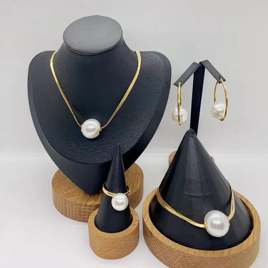 Jewelry set steel necklace bracelet ring earrings with large pearl-set020