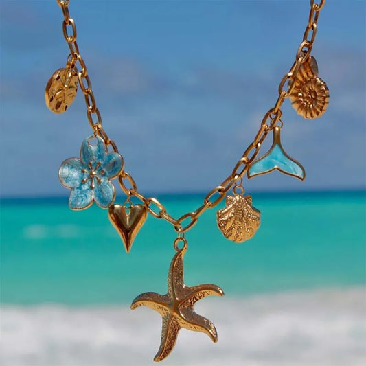 Κολιέ επιχρυσωμένο ατσάλι με καλοκαιρινά charms και γαλάζιο χρώμα-NE630