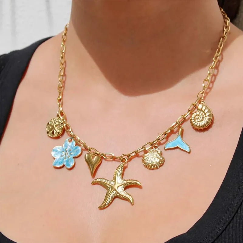 Colier din oțel placat cu aur cu farmece de vară și culoare albastră-
