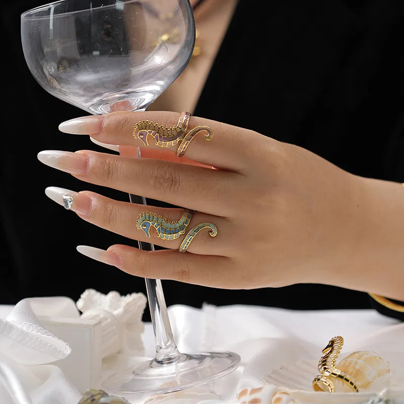 Δαχτυλίδι επιχρυσωμένο ατσάλι γαλάζιος ιππόκαμπος-