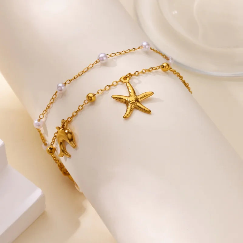 Βραχιόλι ποδιού ατσάλινο με αστερίες και πέρλες - ΑΝ004