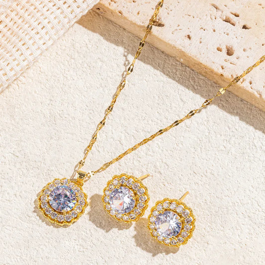 Ensemble d'acier en or avec des cristaux de boucles d'oreilles-Set032