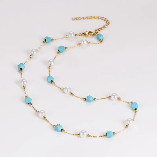 Collar de acero con piedras azules y perlas - NE559