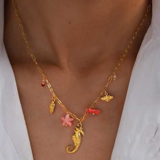 Κολιέ επιχρυσωμένο ατσάλι με πορτοκαλί στοιχεία και ιππόκαμπο - NE609