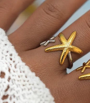 Δαχτυλίδι επιχρυσωμένο ατσάλι με μεγάλο αστερία και μικρό ασημί- r354