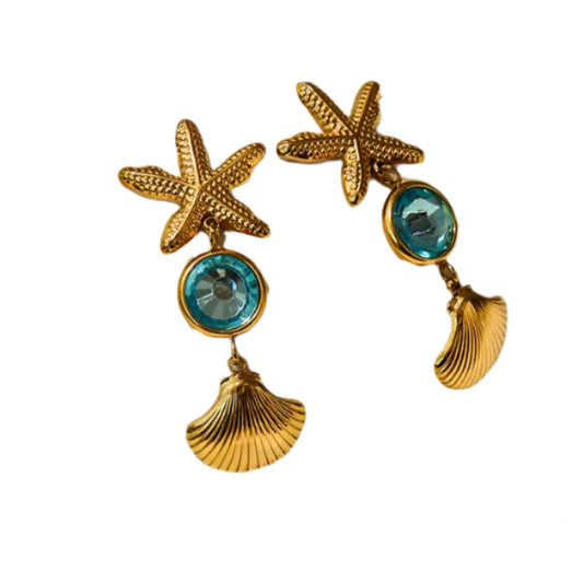 Earrings gold steel with starfish shells and blue stone-