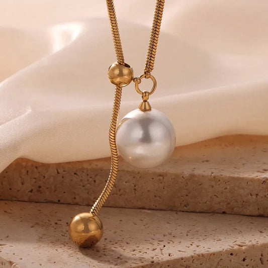 Κολιέ μακρύ ατσάλινο με πέρλα - ne056