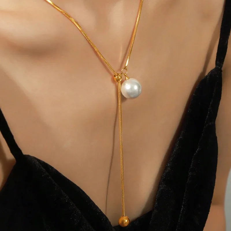 Κολιέ μακρύ ατσάλινο με πέρλα - ne056