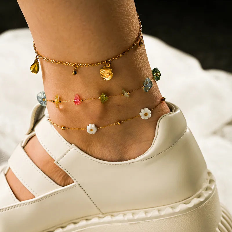 Foot bracelet gold steel with shells and stones-AN080