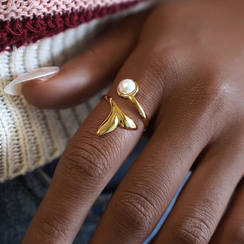 Δαχτυλίδι επιχρυσωμένο ατσάλι ουρά ψαριού και πέρλα- R364