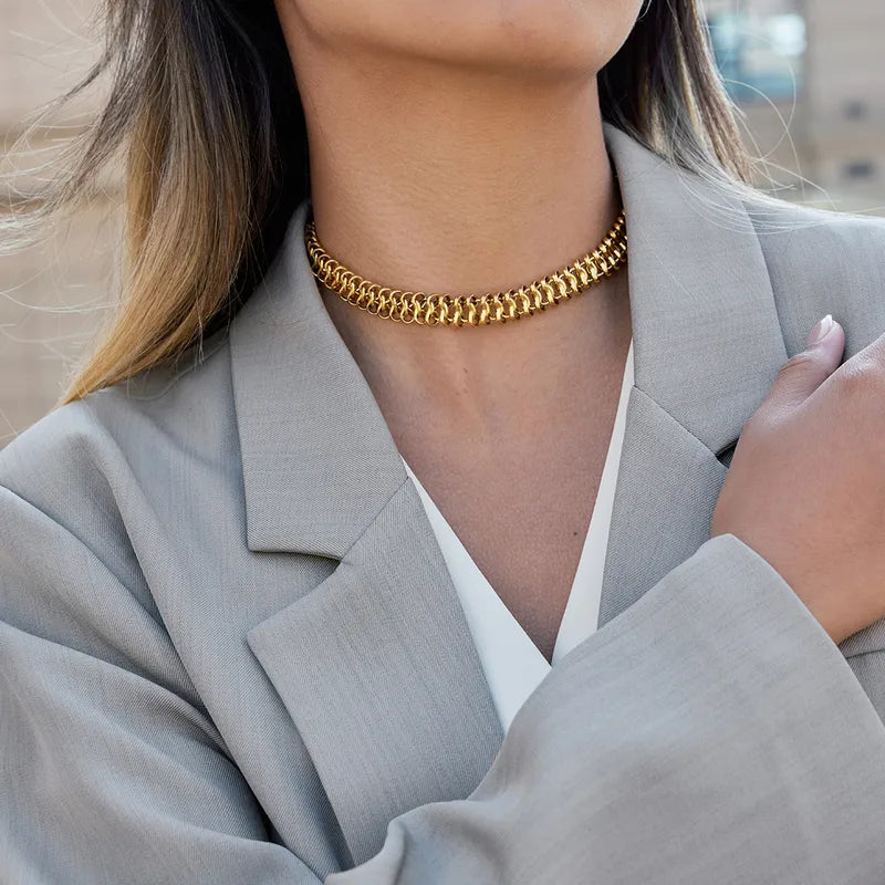 Κολιέ επιχρυσωμένο ατσάλι φαρδύ τσοκερ - NE712