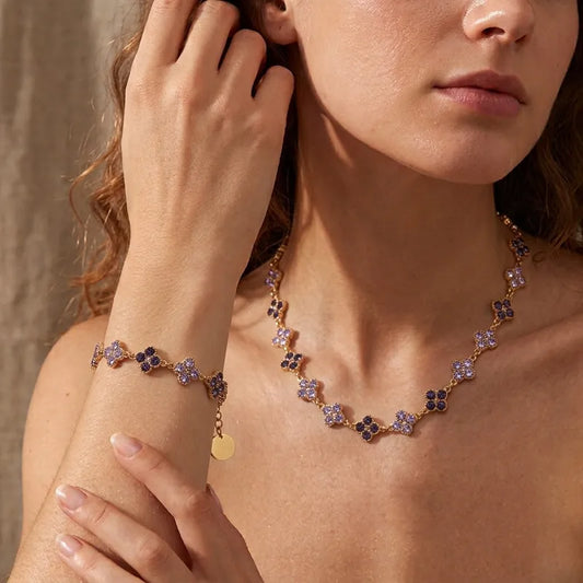 Steel bracelet with zircon purple crosses - BR051