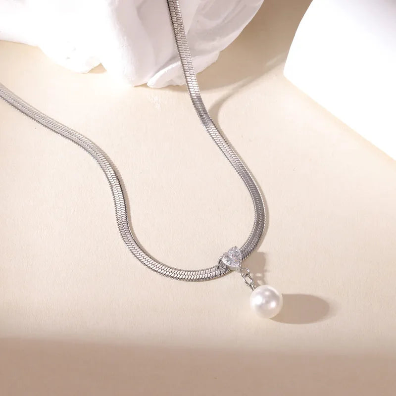 Κολιέ ατσάλι πέρλα με zircon-NE523