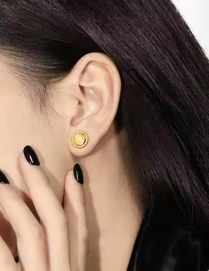 Earrings Golden Round Steel with Pink Stone-EA335