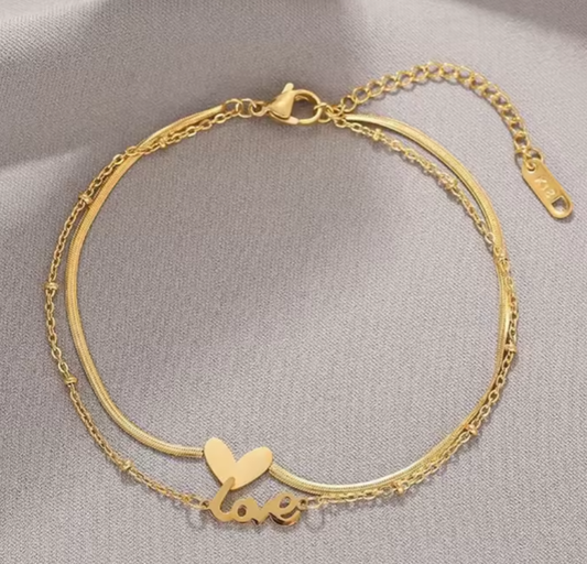 Foot Bracelet Gold Steel with LOVE-AN047 inscription