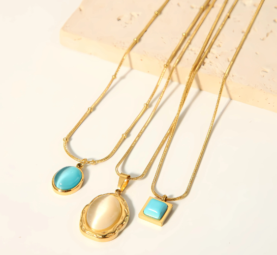 Κολιέ γαλάζια πέτρα οβάλ χρυσό ατσάλι-NE061