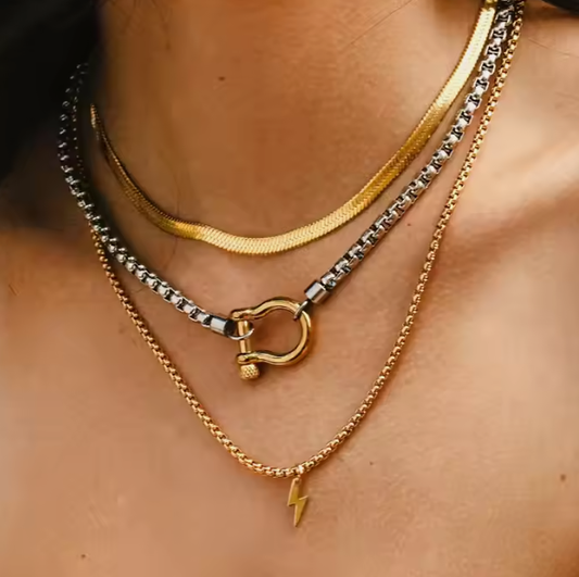 Colier din oțel, lanț de argint și potcoavă de aur-NE449