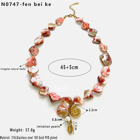 Gold plated steel necklace with pink summer patterns and shells - NE680