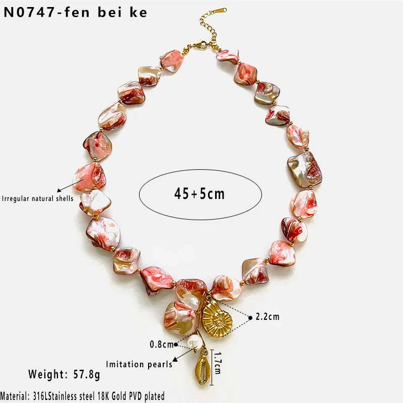 Κολιέ επιχρυσωμένο ατσάλι με ροζ καλοκαιρινά σχέδια και κοχύλια - NE680