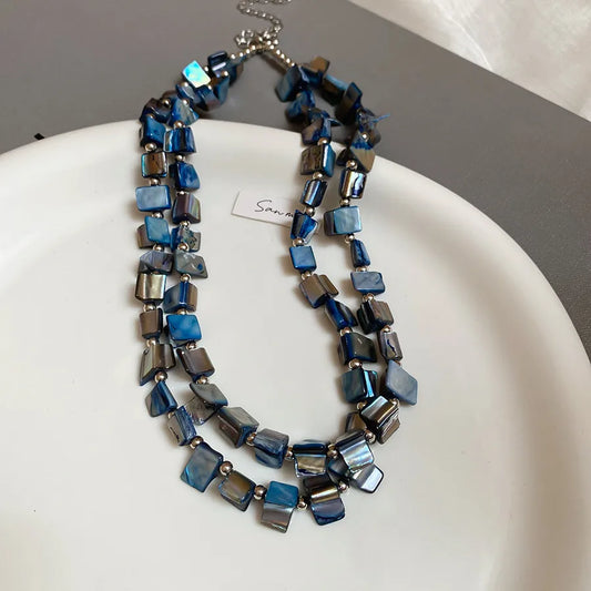 Κολιέ διπλό με μπλε κοχύλια - NE402