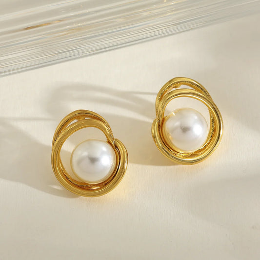 Earrings gold steel with pearl-ea348