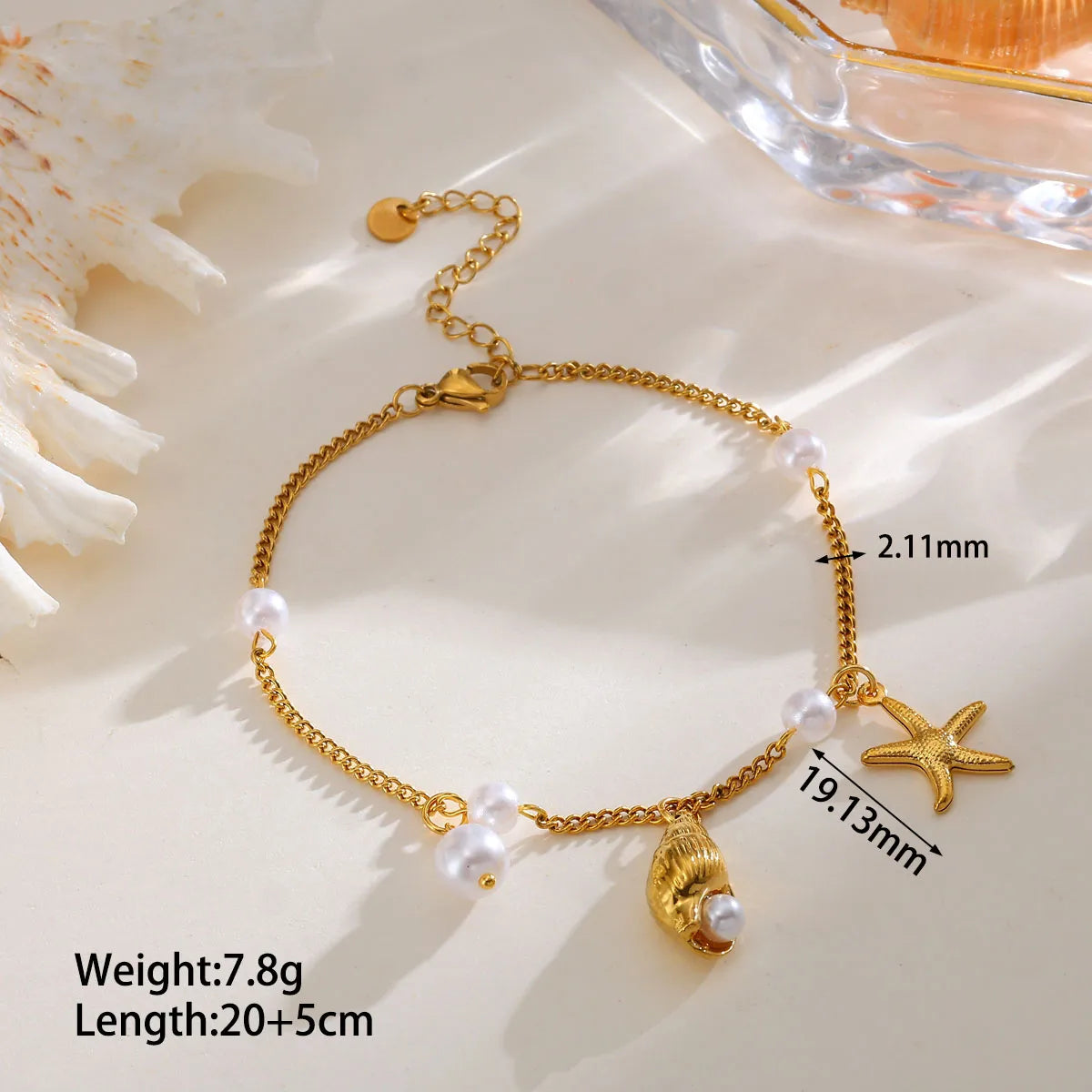 Βραχιόλι ποδιού επιχρυσωμένο ατσάλι με κοχύλια και πέρλα - AN034