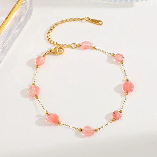 Βραχιόλι επιχρυσωμένο ατσάλι με ροζ φυσικές πέτρες - BR260