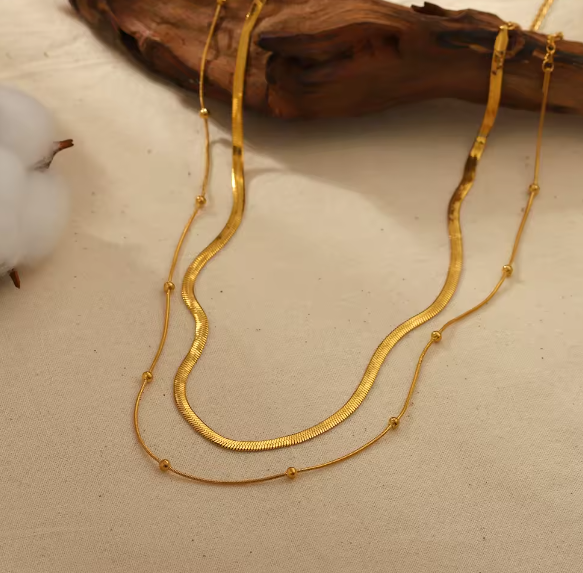 Colier dublu lant otel auriu-NE407