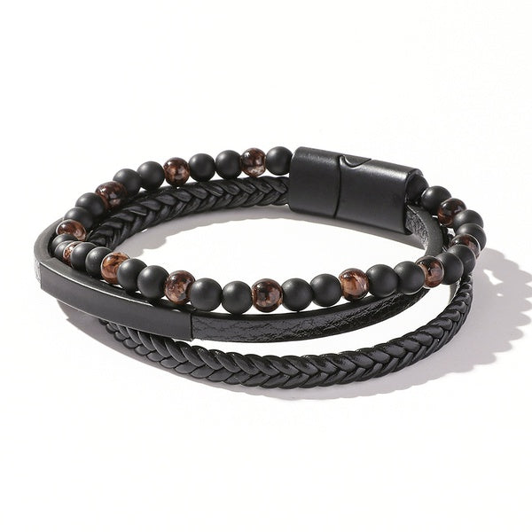 Bracelet with leather and beads with steel clasp- Br129
