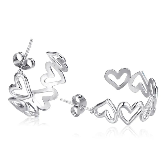 Earrings of silver steel rings hearts-ea094