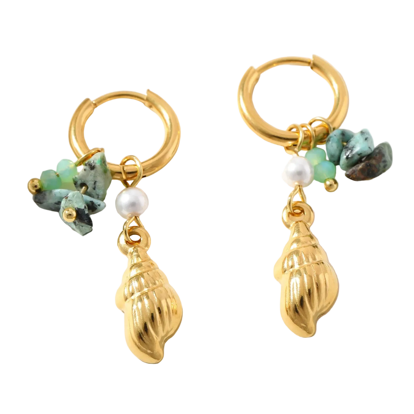 Σκουλαρίκια επιχρυσωμένο ατσάλι με κοχύλια και πράσινες πέτρες - EA789