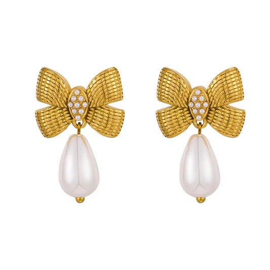 Earrings gilded steel with bow and pearl-ea497