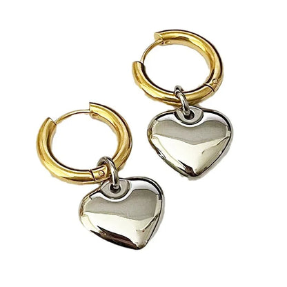 Earrings steel golden link and silver heart-ea140