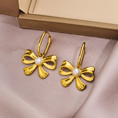 Earrings gilded bow steel with pearl-ea506