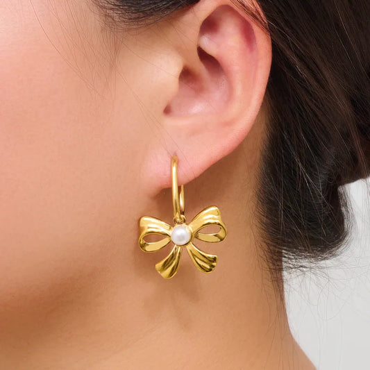 Earrings gilded bow steel with pearl-ea506