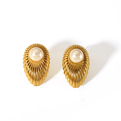 Earrings gilded steel striped with pearl-ea263